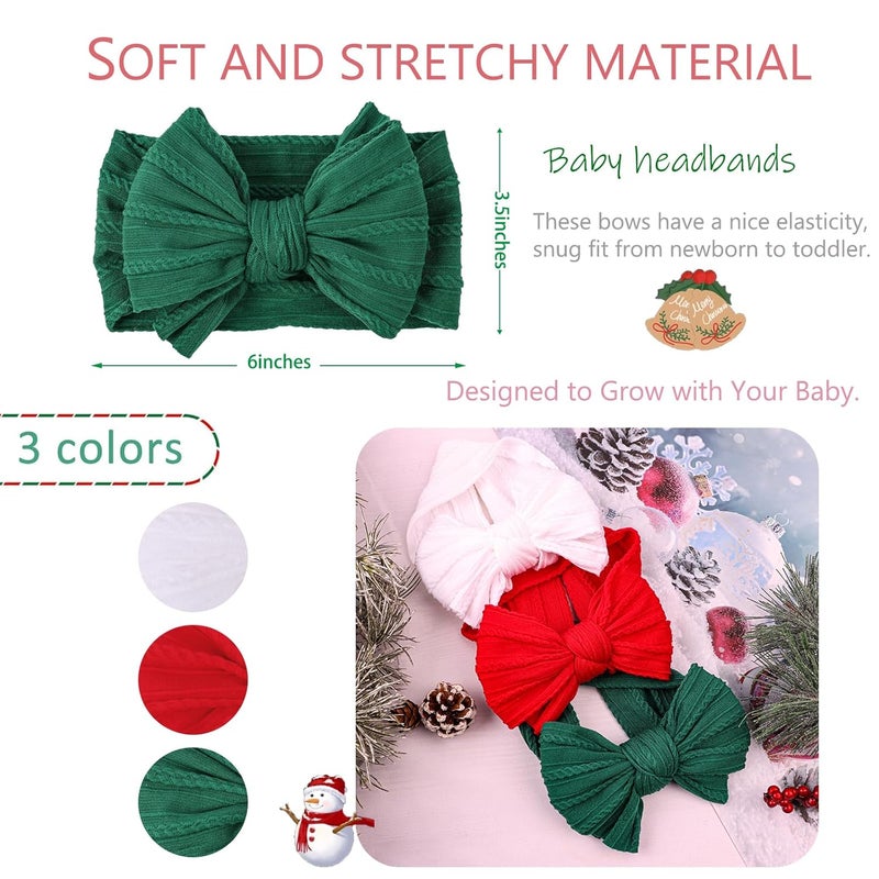 LemonSpace Store Handmade Baby Girls Headbands Soft Stretchy Nylon Hair Bands Hair Accessories with Bows for Newborn Baby Girls Infant Toddlers Kids (Red Green White-Merry Christmas) - Image 4